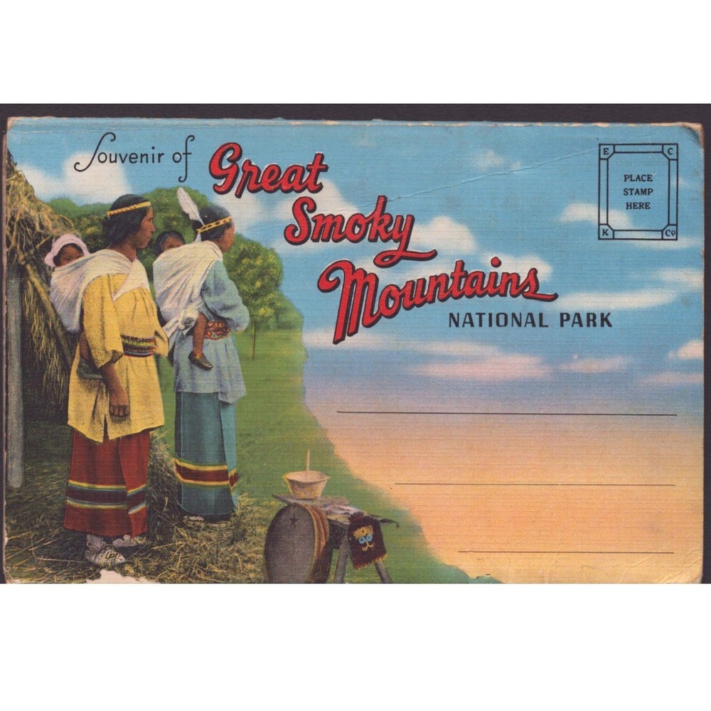Great Smoky Mountains National Park Cherokee Linen Postcard Folder TN NC Unused